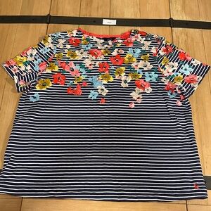 Joules SS Harbor Print Striped Floral Tee Women’s Size 14 Navy 100% Cotton